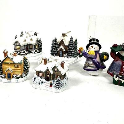 Vintage Thomas Kinkaid Illuminated House Christmas Ornaments (Set of 4) & Snowman Ornaments (Set of 2)