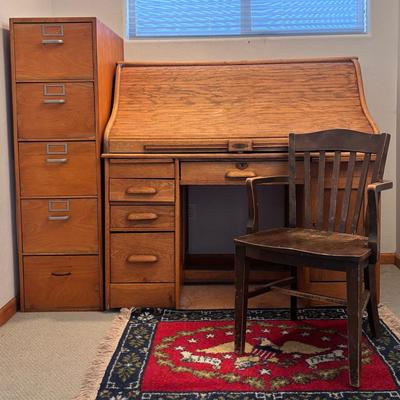 Antique Roll Top Desk and Filing Cabinet Set