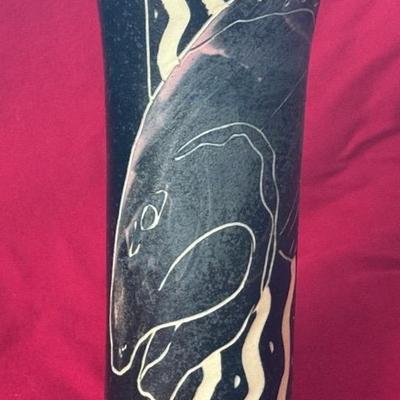 Cylinder Incised “Fish” Pottery Vase, Signed 