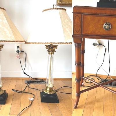 Ethan Allen Side Table With A Glass, Wood & Brass Base