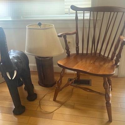 Penn. House 2 Windsor Chairs, Leather Covered Elephant & Leather Wine Carrier Lamp