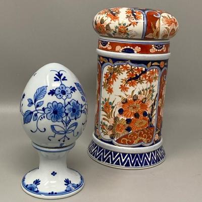 Pristine Condition Delft Imari Container And Egg On A Pedestal 
