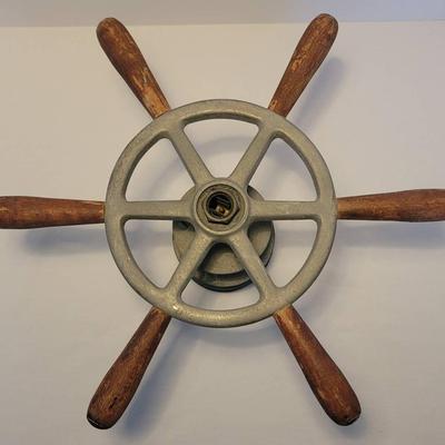16" Metal & Wood Ship's Wheel with Unusual Belt Steering Bracket 