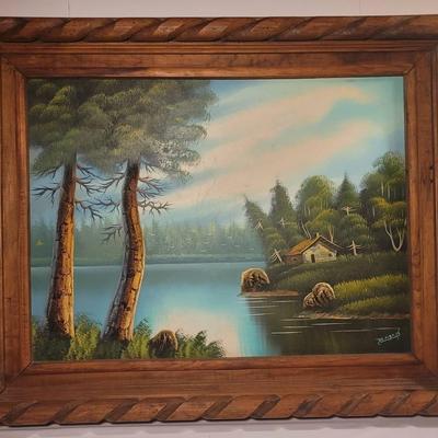 Huge 40" Cabin On The Water 3-D OIL Painting with Thick Hand Carved Frame Signed DeAlba