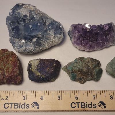 Rare Earth Minerals Emeralds In Rough Matrix, Amethyst, Chalcopyrite & Sky Blue Celestite
