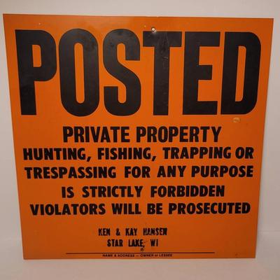 Vintage Metal Posted Private Property Hunting, Fishing, Trapping, Trespassing Is Prohibited Sign  