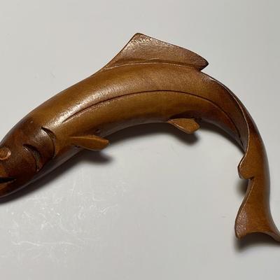 Carved Wood Fish Brooch Signed