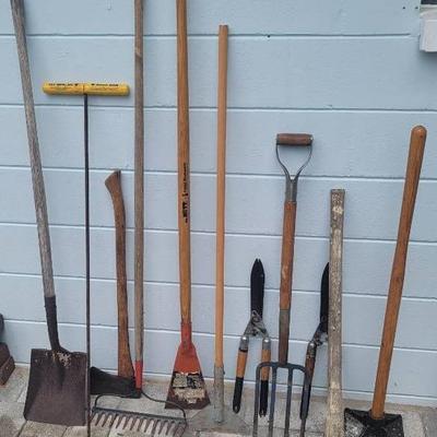 Contractor Tools Lot. Shovel,Axe,Pickaxe,Metal Rake,Rubber Boots Sz 12