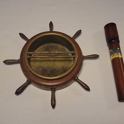 Brass and Wood Ship Wheel Ashtray with Cohiba Cigar Havana Cuba
