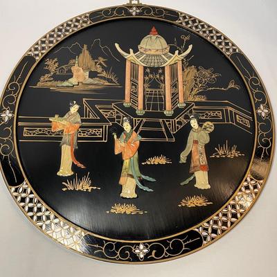 Asian Soapstone Maidens On Black Lacquer Wood Plaque