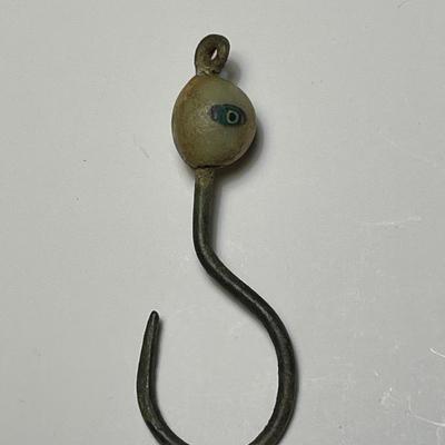 Rare Ancient Roman Bronze Hook w/ Glass Bead w/ Painted Eye
