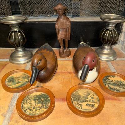 Rustic Americana Decor Lot – Carved Ducks, Vintage Wall Plaques, Candlesticks & More