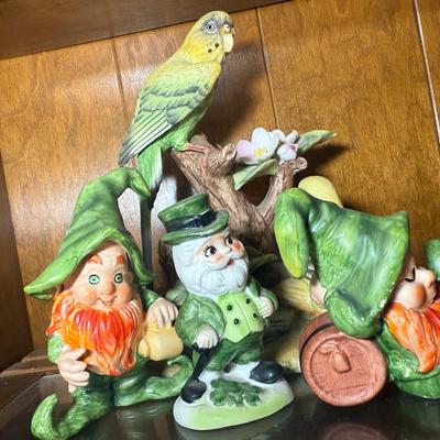 Whimsical Leprechaun & Gnome Figurines with Parakeet Bird Tree Sculpture – Lot of 5