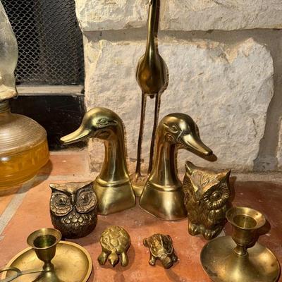 Vintage Brass Decor Collection – Duck Bookends, Heron, Owls, Turtles & Candle Holders (10 Pieces)