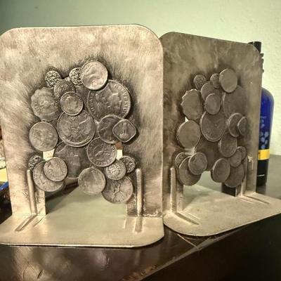 Metal Welded Coin Bookends  Signed 