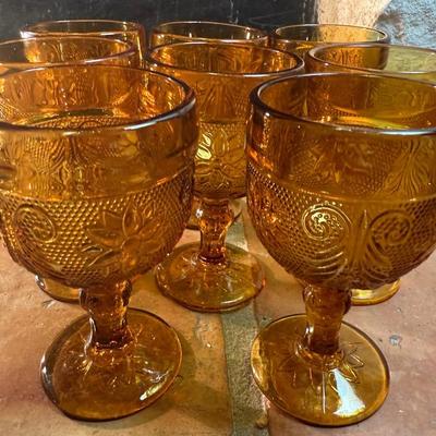 Vintage Amber Indiana Glass Kings Crown Thumbprint Goblets – Set of 8