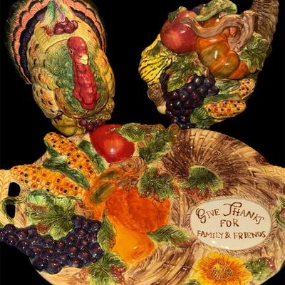 Fitz and Floyd Harvest Gathering Set – Turkey, Cornucopia, and “Give Thanks” Platter