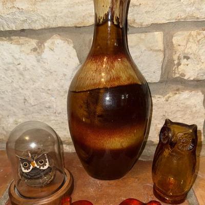 Rustic Decor Lot – Dryden Ozark Pottery Vase, Amber Glass Owl, Apple Candles & Dome Owl