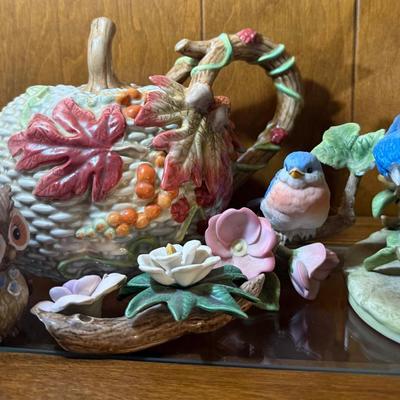 Woodland & Garden Ceramic Figurines – Birds, Owl, Floral Teapot, & Blossoms