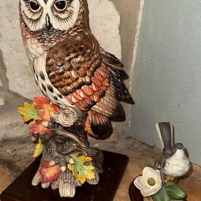 Charming Hand-Painted Owl & Songbird Figurines on Wood Base