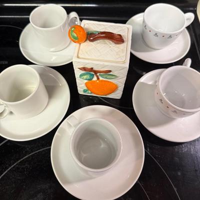 Assorted Espresso Cup & Saucer Set with Ceramic Orange Jar – 7 Pieces