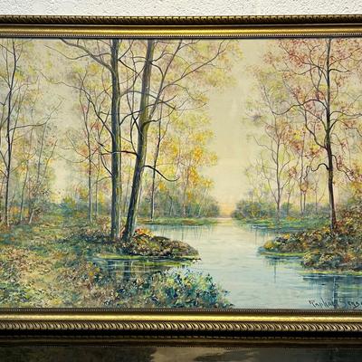 Watercolor Riverscape Signed Raphael Senseman in Gilt Frame, 22.5 x 32.5"