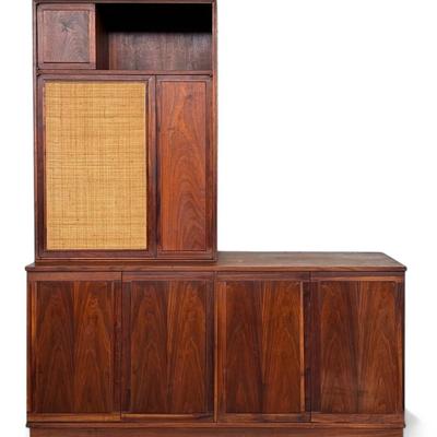 Jack Cartwright for Founders Mid Century Walnut and Cane Sideboard with Hutch - 67X18X78”