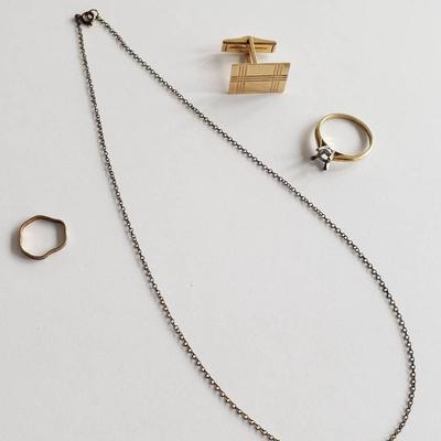 Scrap Gold: 1 Cufflink 14K, 1 Ring 14k & Platinum, Necklace 12k, Ring 10k
