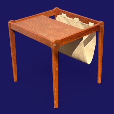 Danish Modern Teak Finish Side Table With Linen Magazine Sling - Made in Denmark, 17.5x17.5x18"