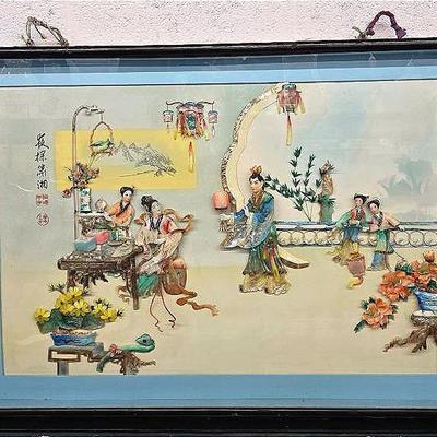 Vintage Swatow Shell Cutting Picture - Framed 25x37”