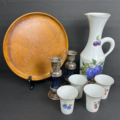 Judaica: David Barak Sterling Silver & Blown Glass Candlesticks, Naaman Porcelain Kiddush Set