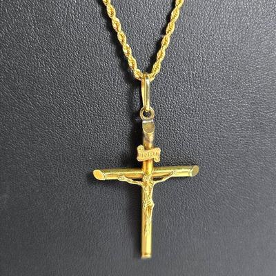 14K Gold (Marked) Crucifix Pendant And 19” Chain Necklace (Marked 585)