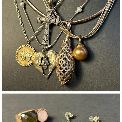 Sterling Silver (Marked) Gold Vermeil Jewelry: Crucifix, Omega Necklace With Pendant, More