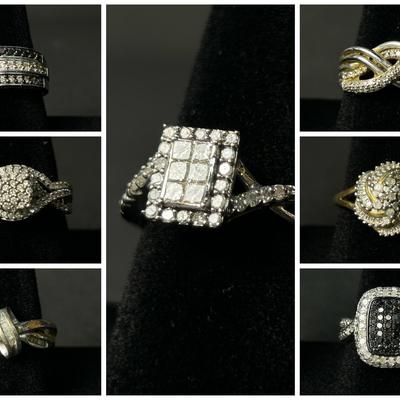 Sterling Silver Marked Diamond Rings (11) - Sizes 6.5, 6.75, 7