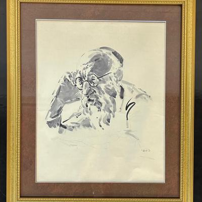 Watercolor Portrait Of Rabbi, Signed - Framed, 27x24"