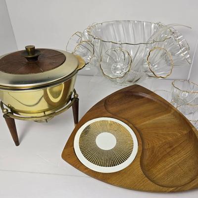 Mid Century Entertaining: Georges Briard Chafing Dish, ServWood Serving Tray, Swirl Punch Bowl 