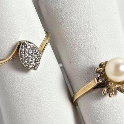 10K Marked Gold  Rings: Pearl (Size 5.75) & Navette with Small Diamond (Size 6)