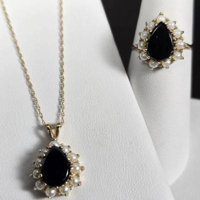 10K Gold Onyx & Pearl 17" Necklace & Ring - Size 6