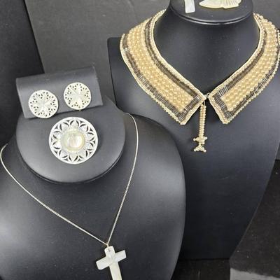 Vintage Beaded Collar & Mother of Pearl Brooch, Earrings, Pendants
