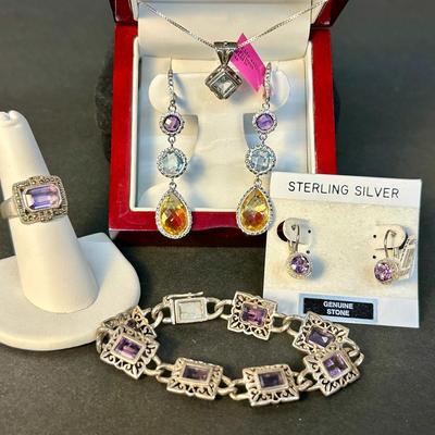 Sterling Silver Amethyst & Topaz Earrings, Necklace, Bracelet & Ring (Size 7)