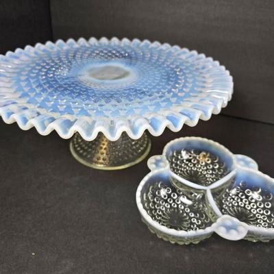 Fenton Opalescent Hobnail Cake Stand & Anchor Hocking Opalescent Hobnail Relish Dish