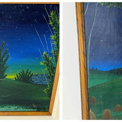 Francisco Severino de Oliveira Signed  Naive Landscape Paintings - Night Scenes, 16x14" & 25.5x14"