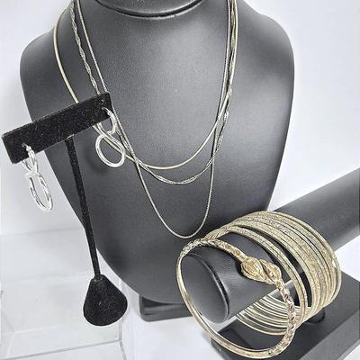 Sterling Silver (Marked Or Tested) Bangle Bracelets, Earrings, And Chain Necklaces
