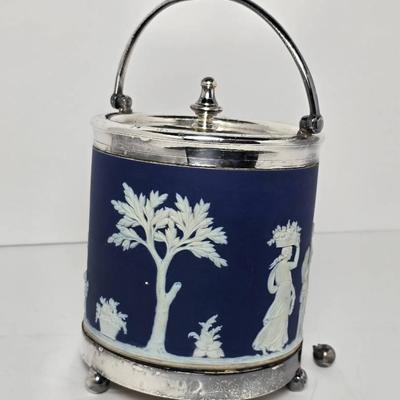 Antique Wedgwood Jasperware Plated Biscuit Barrel - Detached Foot - 5.25" Dia, 7" H  