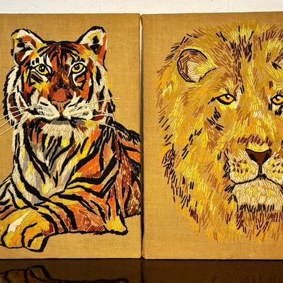 Vintage Hand Stitched Lion and Tiger Wall Art, 30x24"