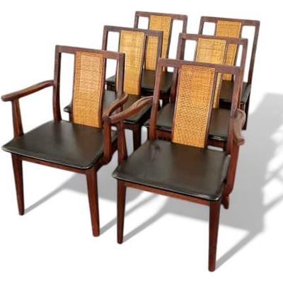 Jack Cartwright for Founders Mid Century Walnut and Cane Dining Chairs - Set of 6 - 19X18X32”