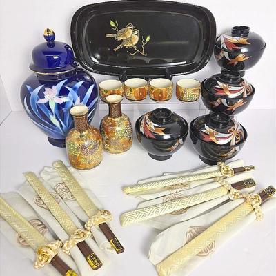 Japanese Ginger Jar, Couroc Bird Tray, Satsuma Saki Set, Napkins And Chopsticks Sets