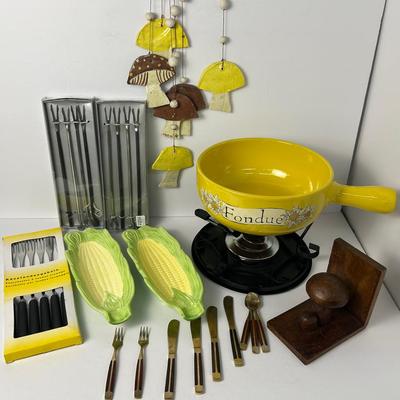 Vintage 1970s Kitchen: Fondue Pot & Skewers, Mushroom Decor, More