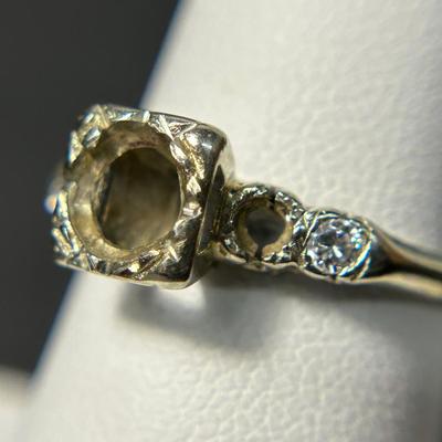 18K Marked White Gold Ring Setting with Two Flanking Diamonds - Size 6.75