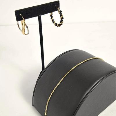 14K Gold (Marked) Single Earrings And 7” Chain Bracelet